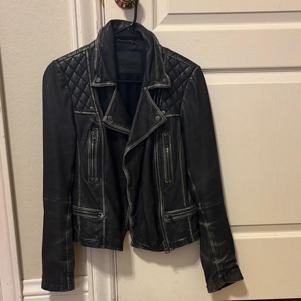 All Saints Quilted Black Leather Jacket